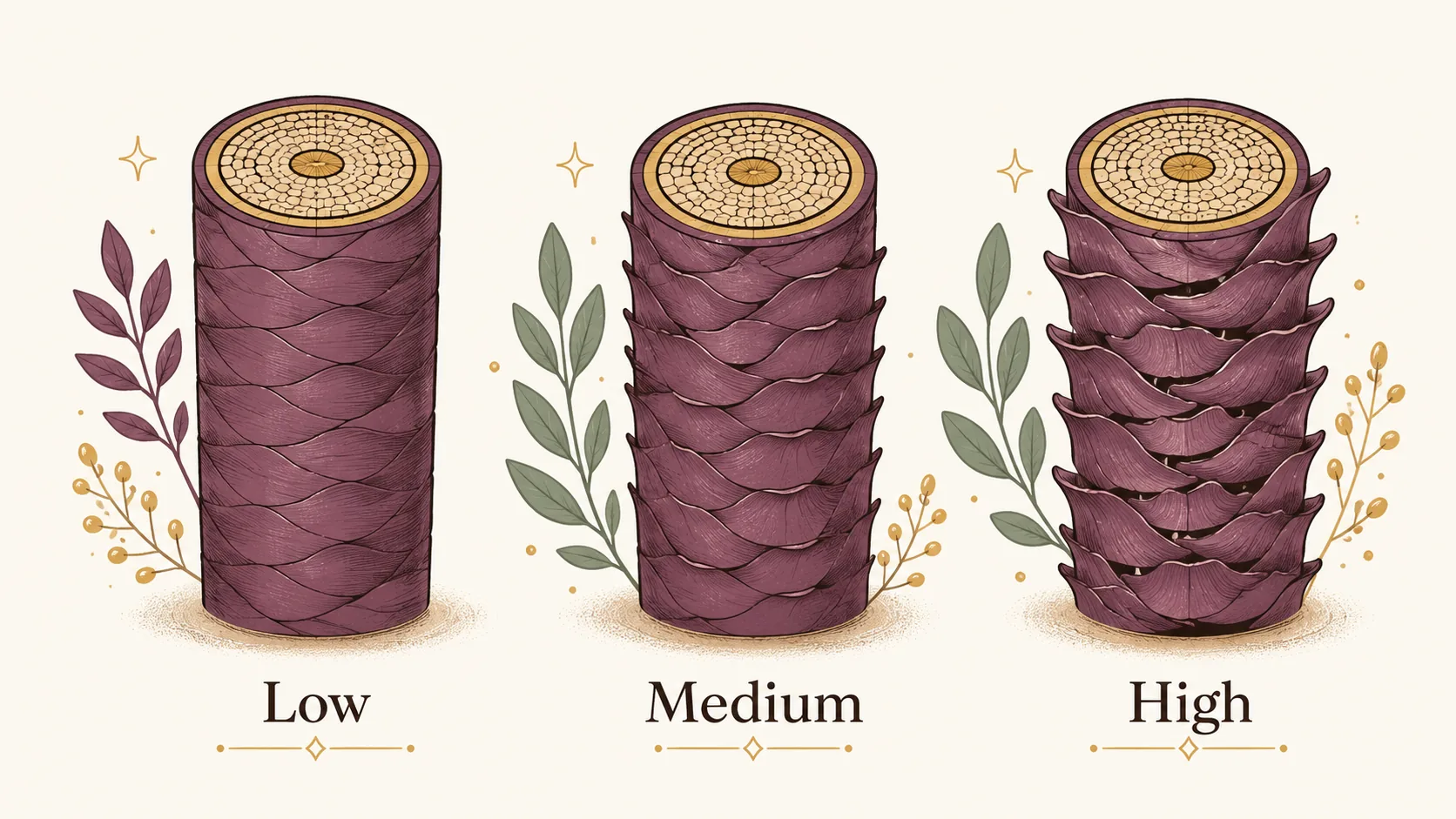 Diagram of low, medium, and high porosity hair cuticles