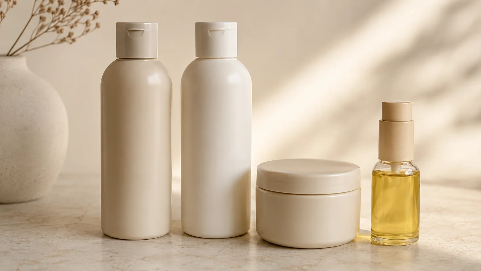 Unbranded hair-care bottles and a jar of mask arranged on a light surface