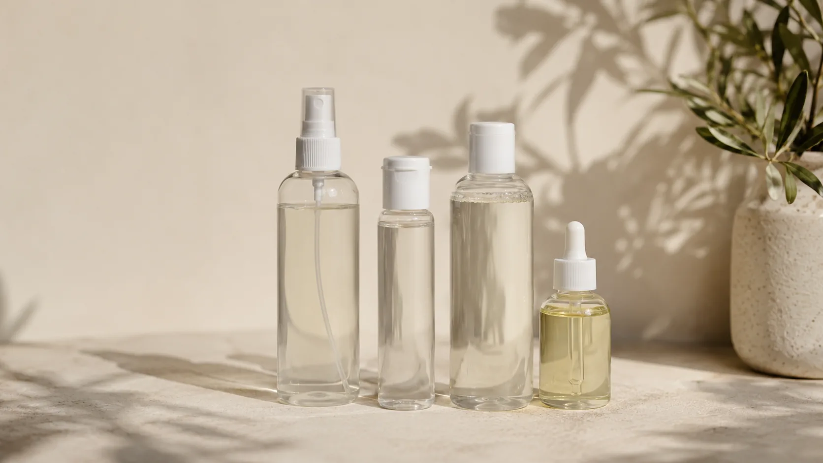 Lightweight, water-based hair-care bottles and a clarifying shampoo arranged on a light surface