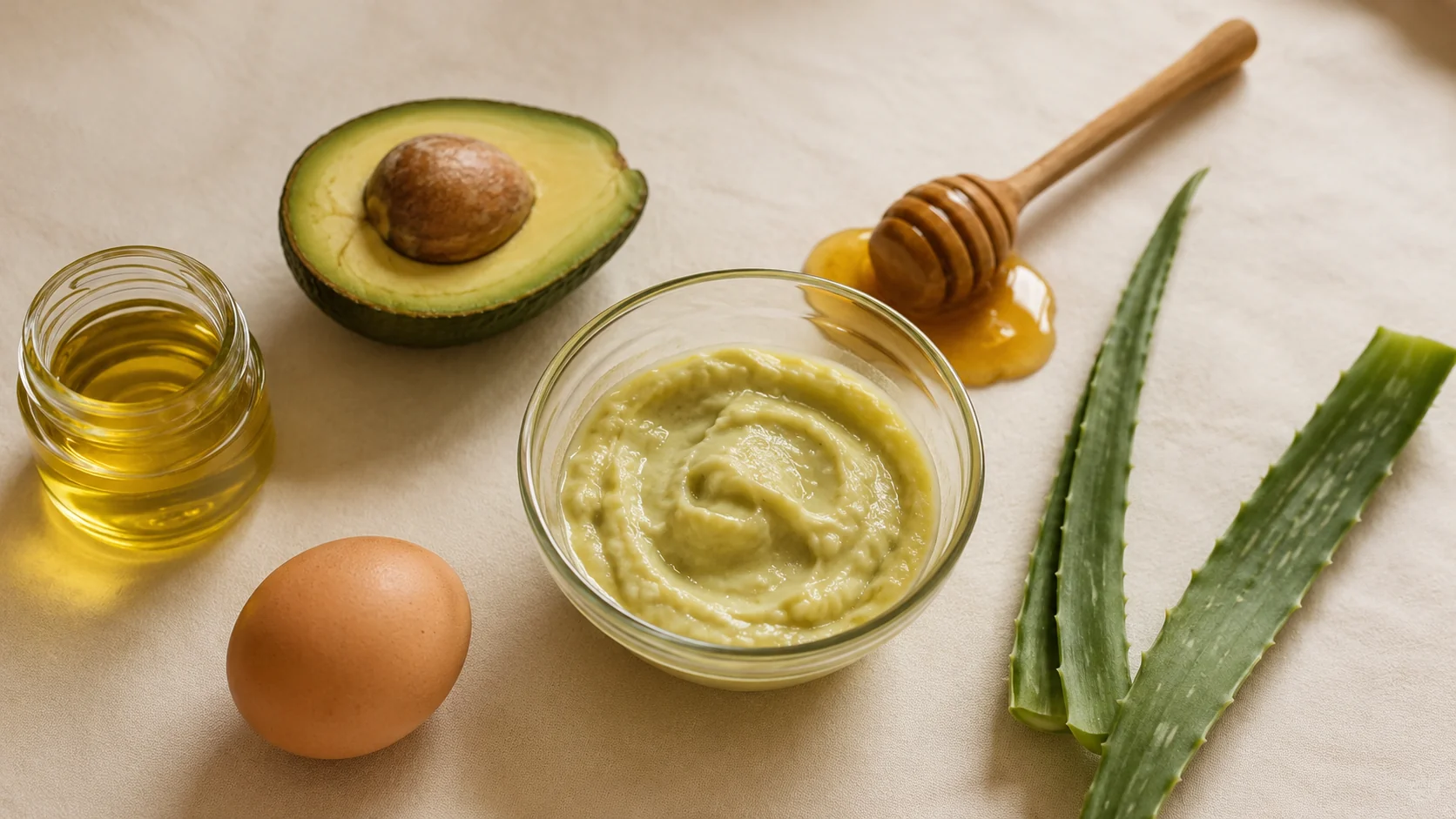 Natural DIY hair-care ingredients (avocado, honey, oil and aloe) laid out on a cream surface