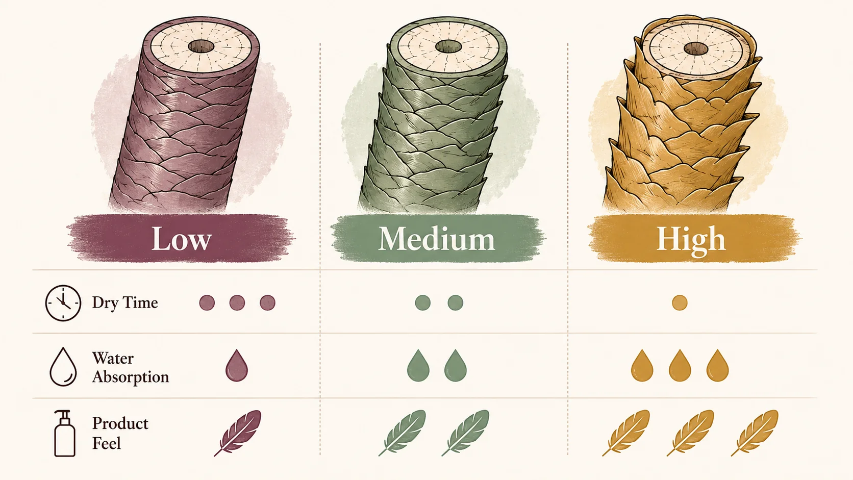 Illustrated chart comparing low, medium and high porosity hair cuticles