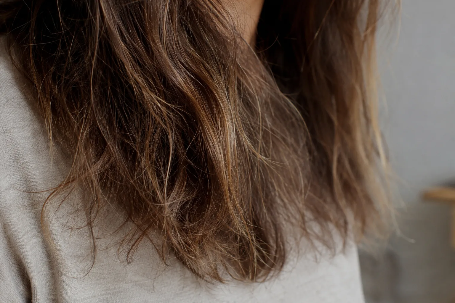 Close-up of dry, frizzy hair ends
