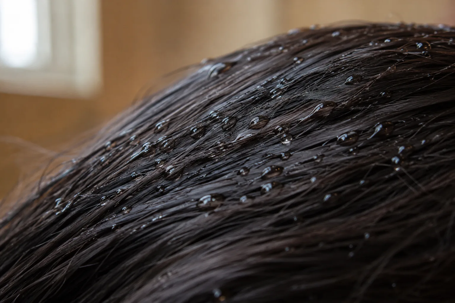 Water beading on the surface of a section of hair