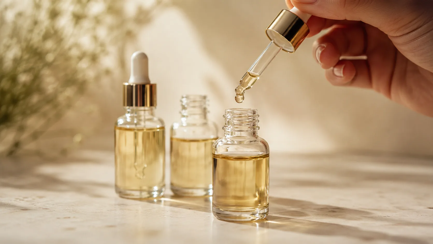 Small clear bottles of light, pale-gold hair oil with a glass dropper on a light surface