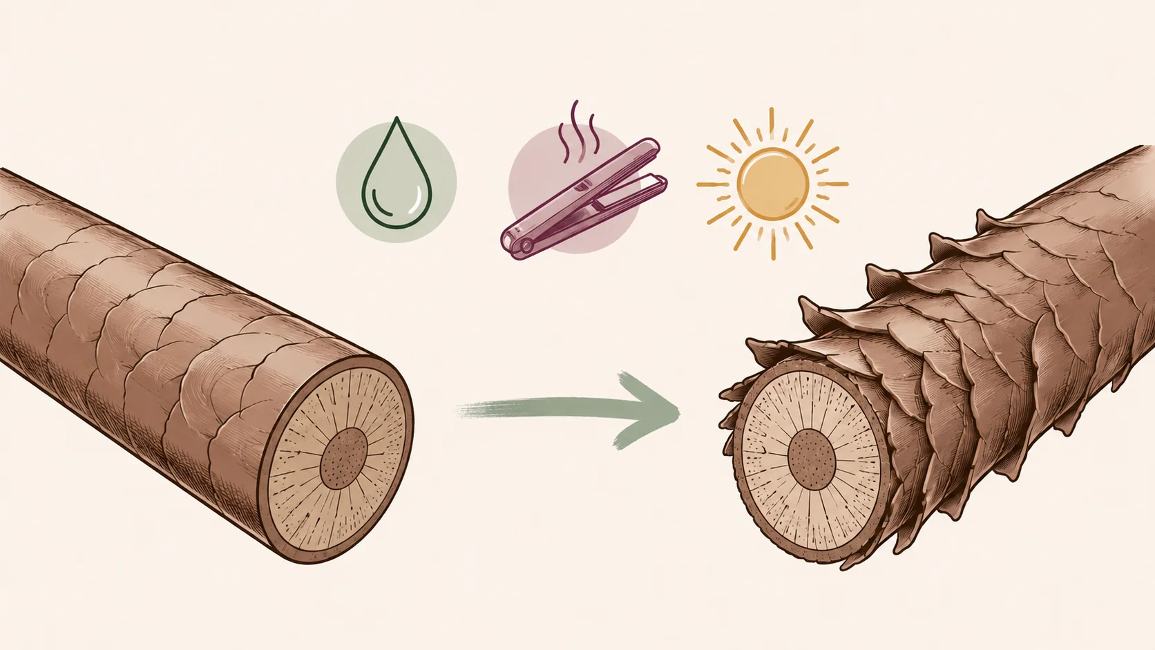Illustration of a hair cuticle changing from closed to raised over time