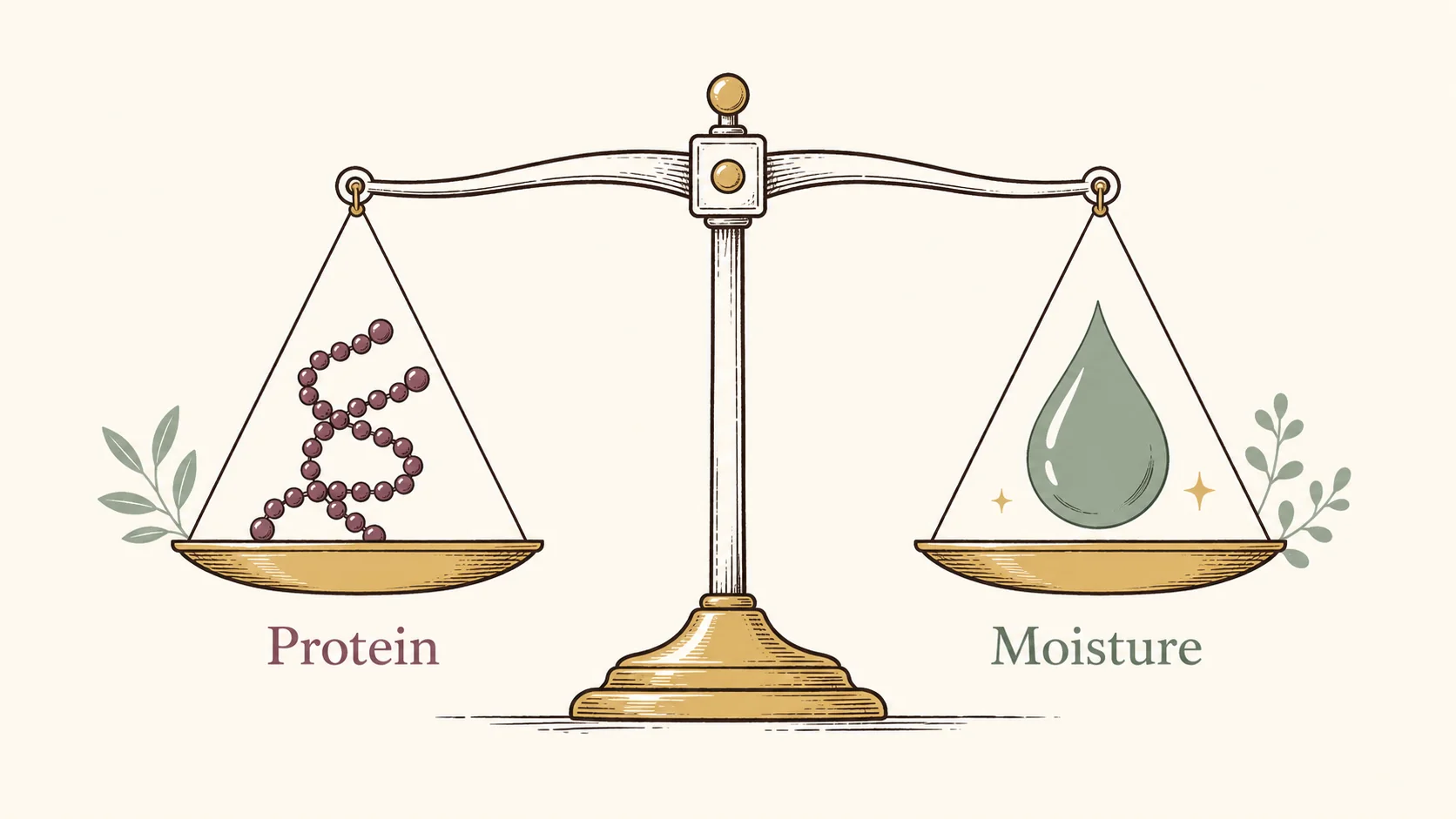Illustration of a balance scale weighing protein against moisture